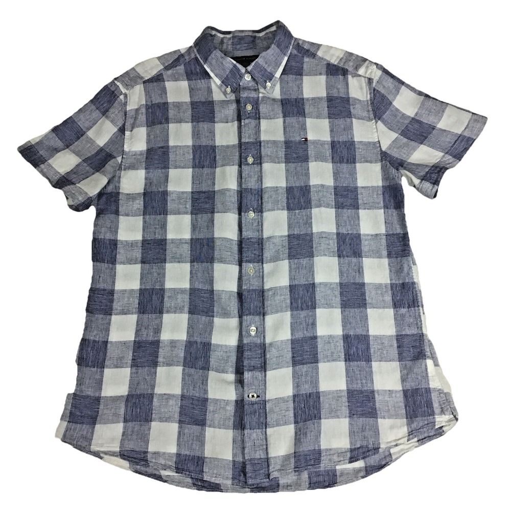 Tommy Hilfiger Mens XL Custom Fit Linen Cotton Blue White Gingham SS Shirt